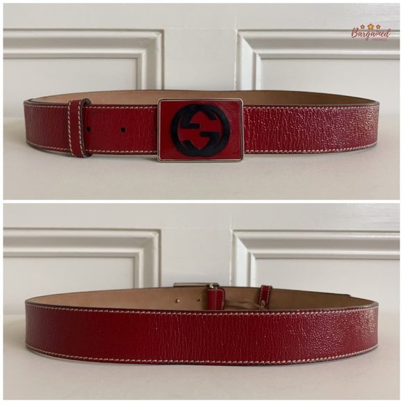 Authentic GUCCI Red Patent Leather Black Interlocking G Plaque Buckle Belt 90/36 - Picture 5 of 13